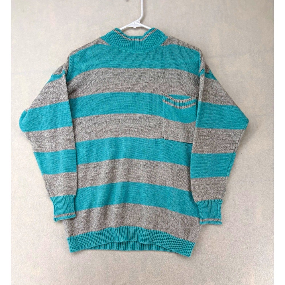 Milano Turquoise Gray Striped Knit Mock Neck Pullover Sweater Pockets Women S